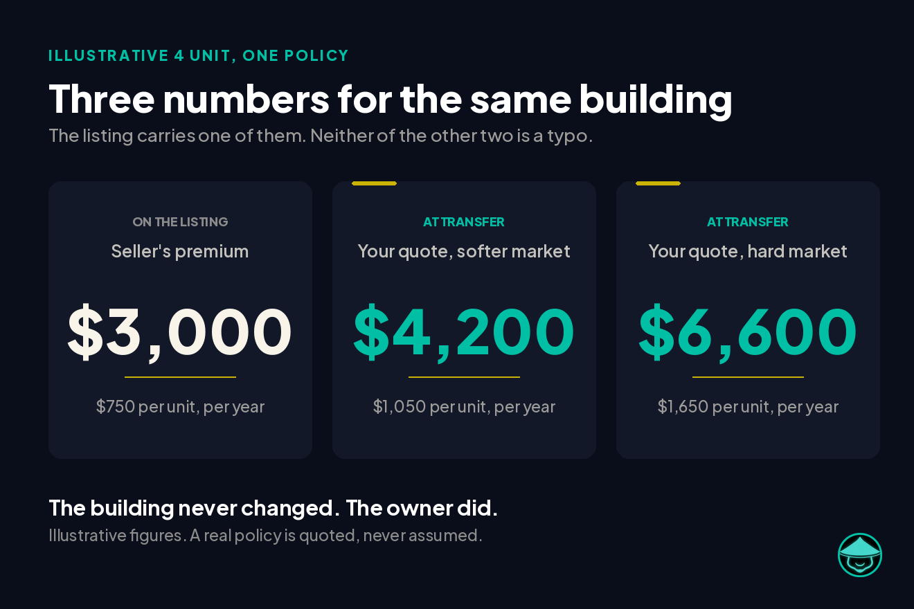 Three insurance numbers for the same illustrative 4 unit. The seller's premium on the listing is 3,000 dollars a year, or 750 dollars per unit. A quote at transfer in a softer market is 4,200 dollars a year, or 1,050 per unit. A quote at transfer in a hard market is 6,600 dollars a year, or 1,650 per unit. The building never changed. The owner did.